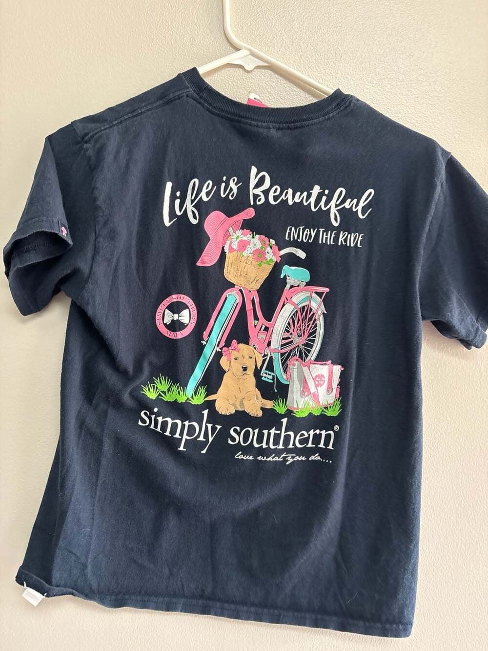 Simply Southern Life is Beautiful Bicycle Puppy T-Shirt Youth Medium - Picture 3 of 3